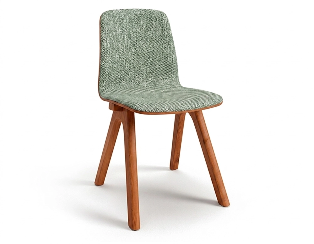 Chaise design en chêne tapissé bois teinte merisier assise tissu chiné vert