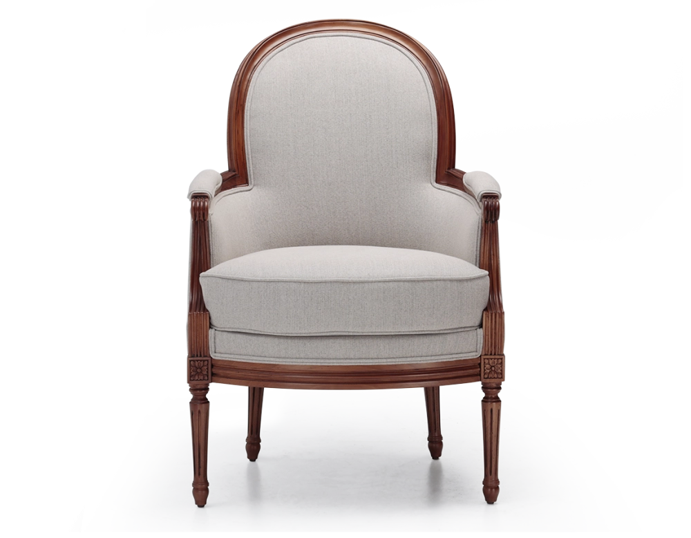 Sillón bergère moldurado estilo Luis XVI madera con tinte envejecido y tejido beige natural