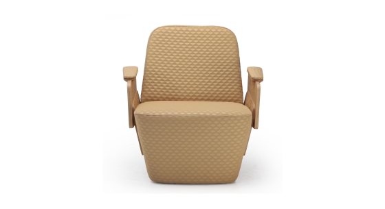 Armchair with armrests design oak natural finish with pale yellow fabric seat