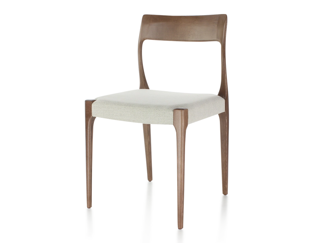 Chaise scandinave bois teinte marron foncé assise tissu beige naturel Chaise scandinave bois teinte marron foncé assise tissu beige naturel