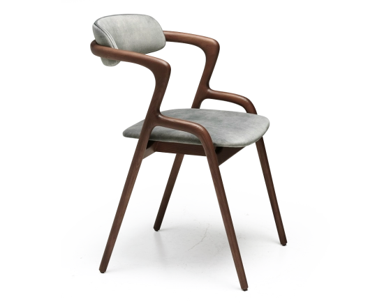 Scandinavian chair walnut wood with a grey-blue velvet fabric seat.