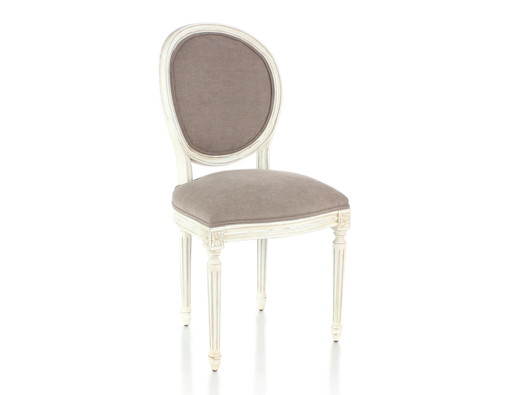 Chaise ancienne style Louis XVI bois teinte blanche cérusée et tissu taupe Chaise ancienne style Louis XVI bois teinte blanche cérusée et tissu taupe
