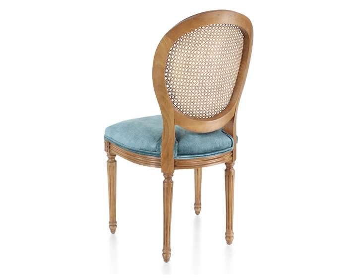 Chaise ancienne style Louis XVI bois teinte ancienne dossier canné assise tissu velours bleu pétrole Chaise ancienne style Louis XVI bois teinte ancienne dossier canné assise tissu velours bleu pétrole