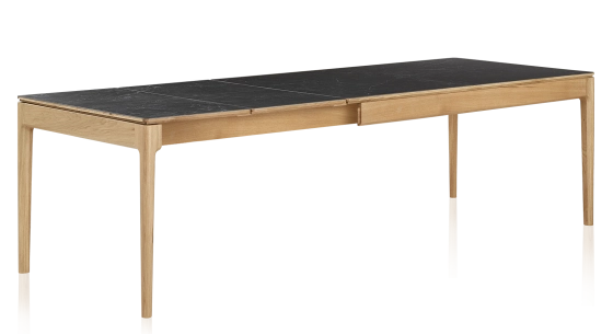 Extendable table for 8 to 12 people in oak and ceramic with ceramic extensions with natural stained wood and ceramic slate effect top and extensions 180x100 cm