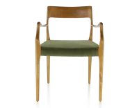 Chaise scandivave avec accoudoirs bois teinte merisier assise tissu vert olive