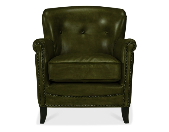 Fauteuil club cuir vert olive accoudoirs cloutés