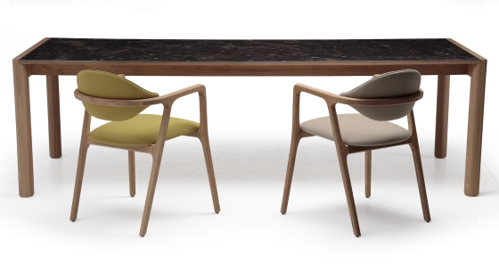 Extending table for 8 to 14 people in oak and ceramic with ceramic extensions natural wood finish and brown marble-effect ceramic 210x100 cm