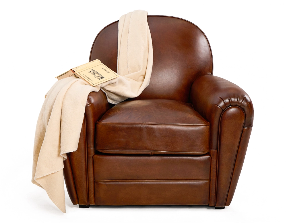 Leather club armchair vintage brown piped armrests Leather club armchair vintage brown piped armrests