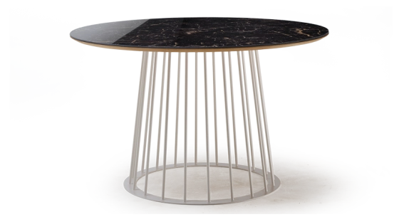 Round dining table in oak and ceramic. white metal base and black marble-effect ceramic top m3 120x120