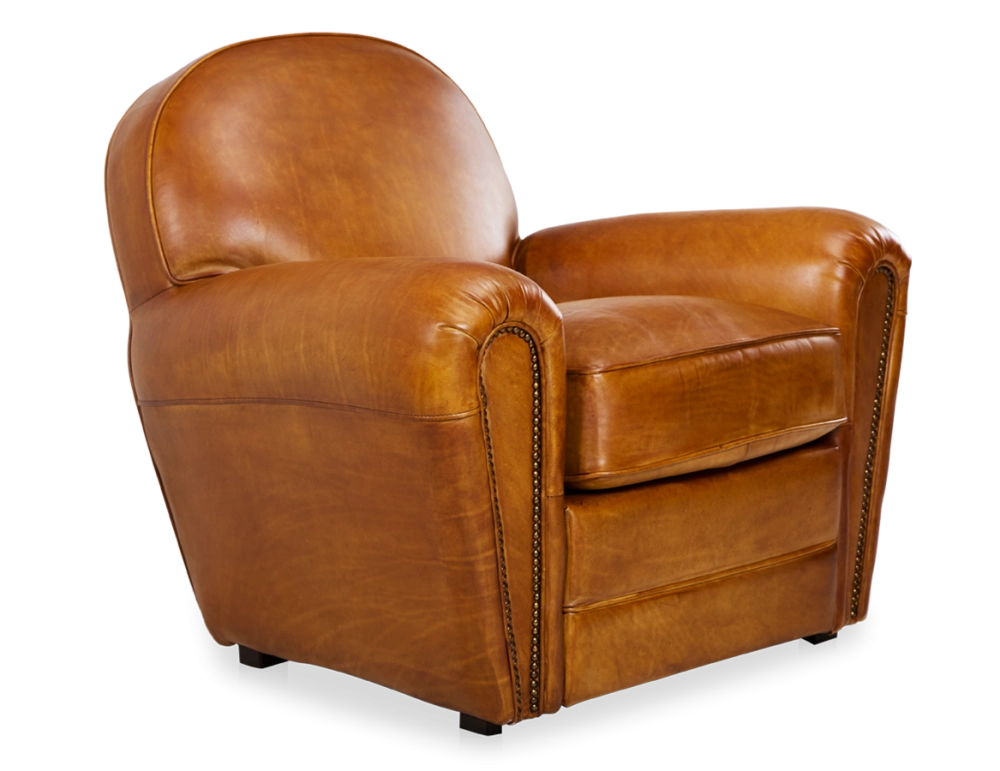 Fauteuil club cuir cognac accoudoirs cloutés