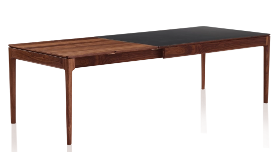 Extending table for 8 to 12 people in walnut and ceramic with wooden extensions with natural stained wood and plain black ceramic top 210x90 cm