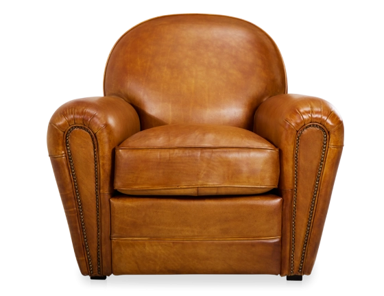 Fauteuil club cuir cognac accoudoirs cloutés