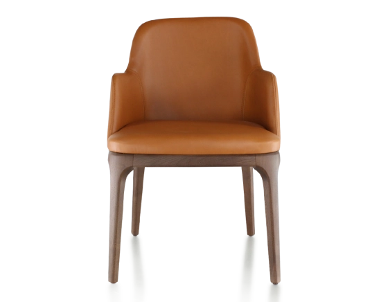 Chaise design avec accoudoirs bois teinte marron foncé et cuir caramel