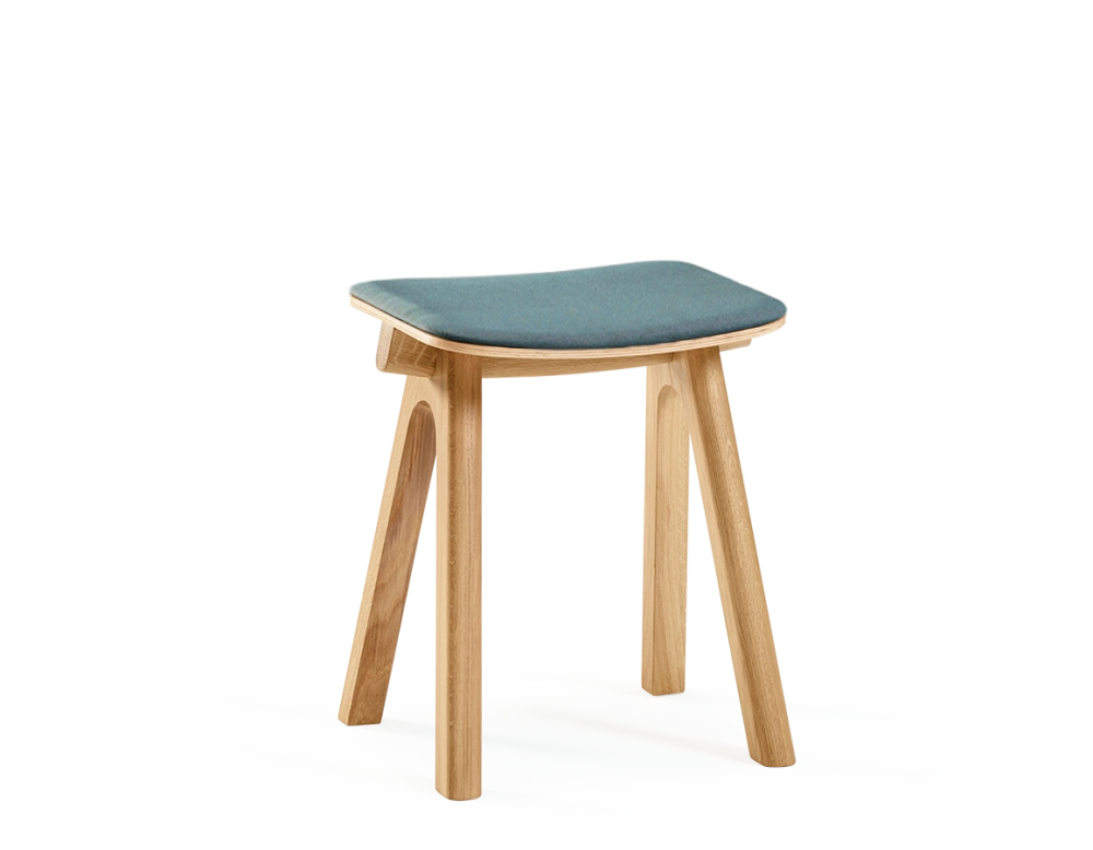 Upholstered oak stool H45 cm natural stained wood, ocean blue fabric seat Upholstered oak stool H45 cm natural stained wood, ocean blue fabric seat
