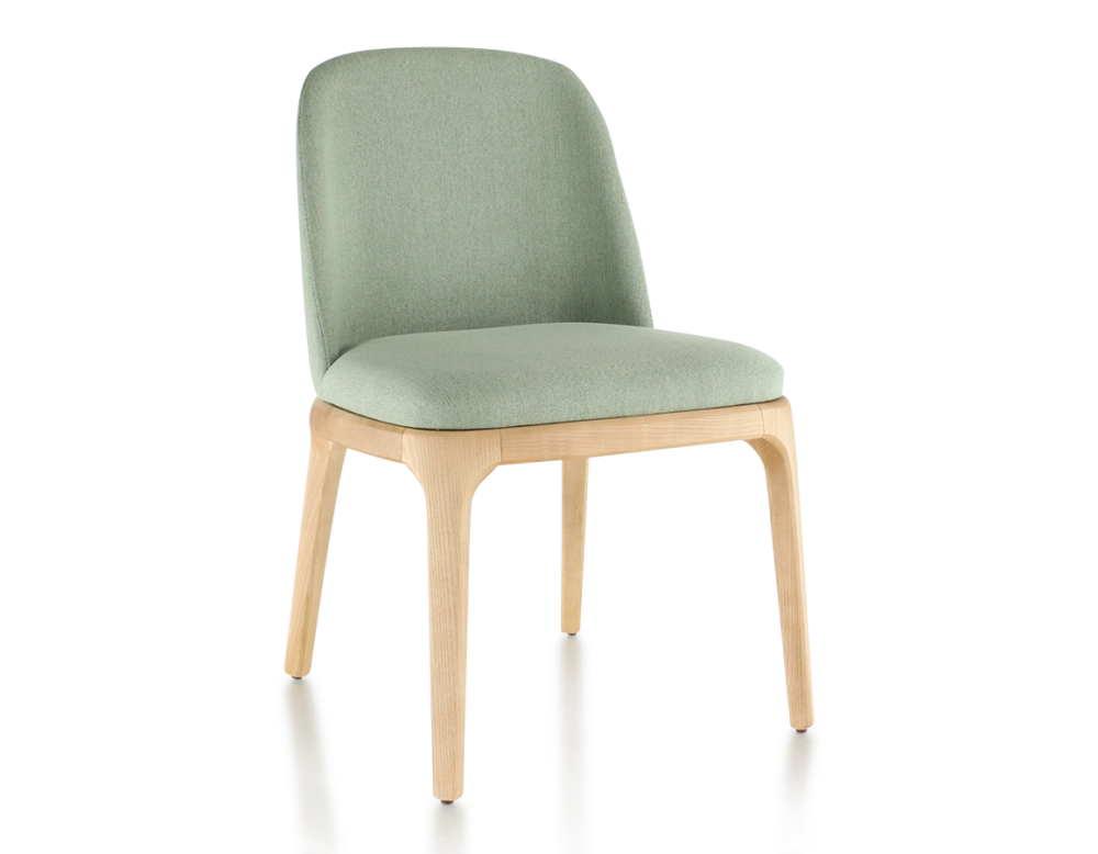 Chaise design bois teinte naturelle et tissu vert sauge Chaise design bois teinte naturelle et tissu vert sauge