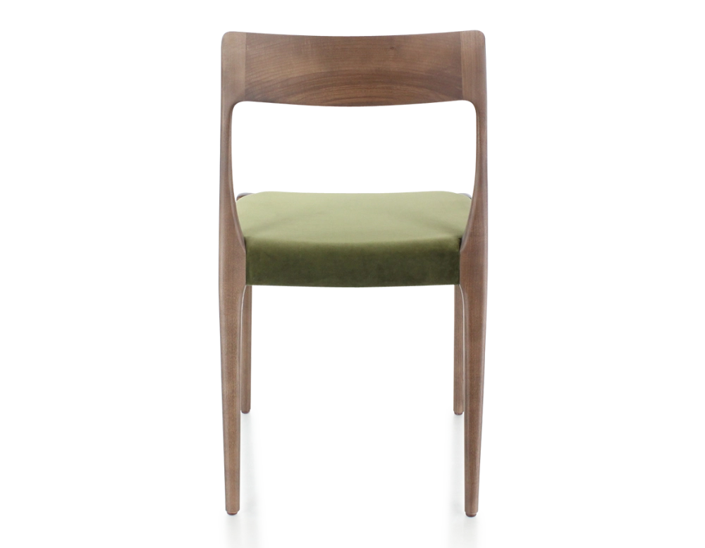 Chaise scandinave bois teinte marron foncé assise tissu vert olive Chaise scandinave bois teinte marron foncé assise tissu vert olive
