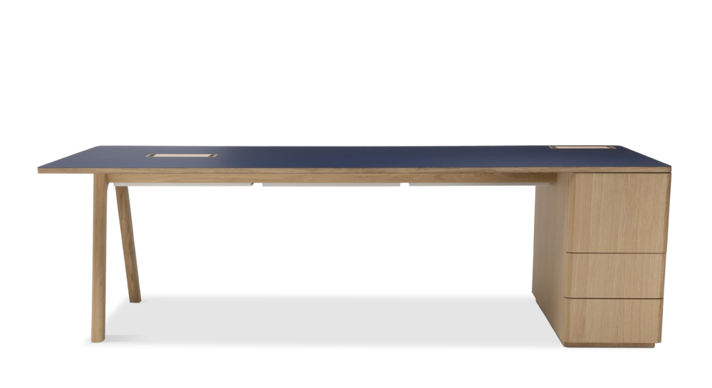 Bureau de direction chêne teinte naturelle plateau fenix bleu 200x100