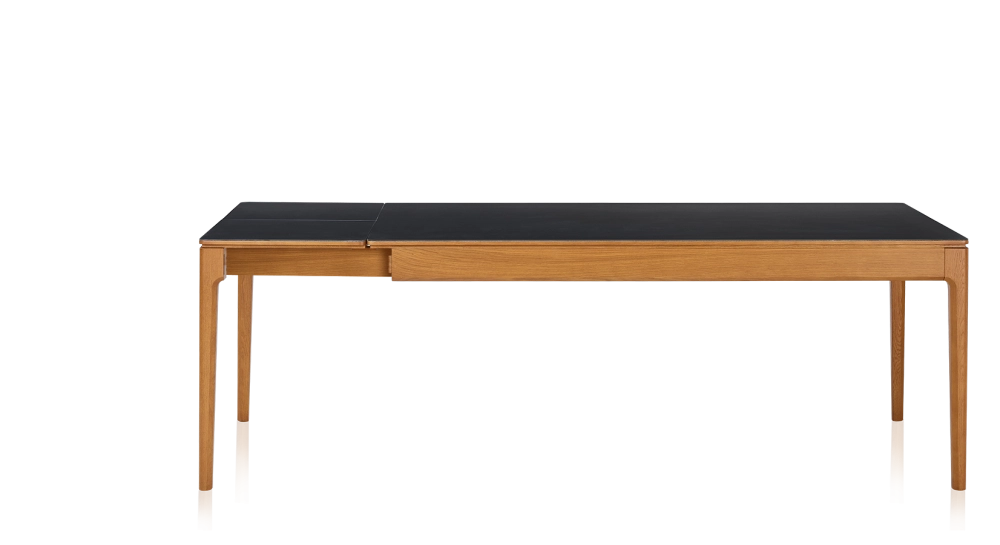Table extensible 8 à 12 personnes en chêne et céramique allonges céramique avec bois teinte merisier et plateau et allonges céramique noire unie 180x100 cm