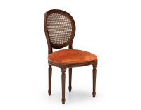 Louis XVI style antique chair dark brown stained wood with cane backrest and terracotta velvet seat. Louis XVI style antique chair dark brown stained wood with cane backrest and terracotta velvet seat.