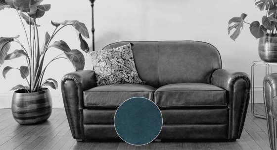 2 seater leather club sofa blue piped armrests