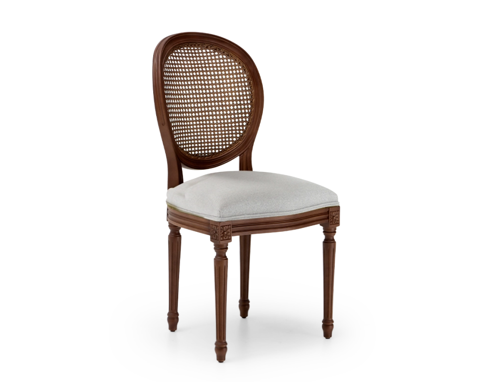 Louis XVI style antique chair dark brown stained wood with cane backrest and light grey fabric seat. Louis XVI style antique chair dark brown stained wood with cane backrest and light grey fabric seat.