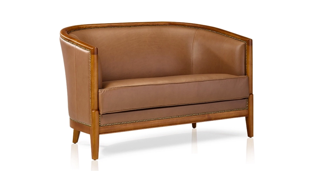 Canapé vintage 2 places bois teinte meriser et cuir noisette