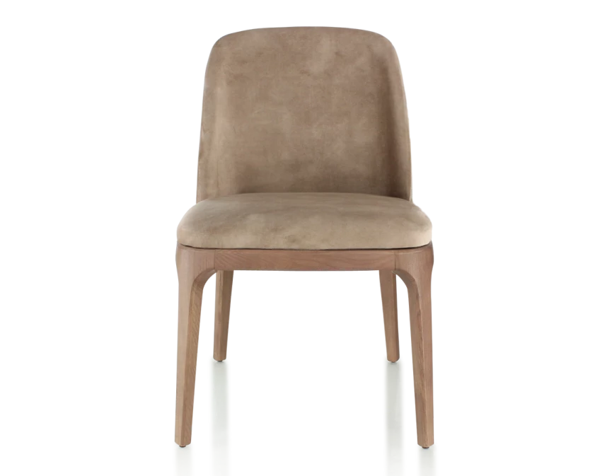 Chaise design bois teinte noyer et tissu velours taupe clair