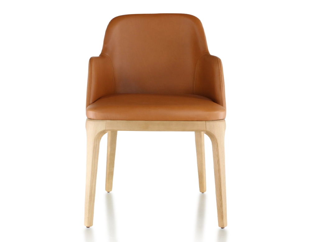 Designer chair with armrests natural stained wood and caramel leather Designer chair with armrests natural stained wood and caramel leather