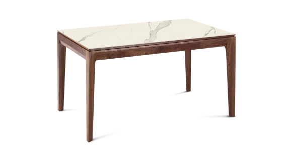 Table extensible en noyer et céramique 6 à 10 personnes allonges céramique avec bois teinte naturelle et plateau et allonges céramique effet marbre blanc 140x90 cm