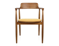 Chaise scandinave bois teinte merisier et tissu jaune Chaise scandinave bois teinte merisier et tissu jaune