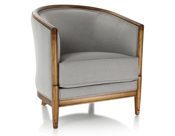 Antique armchair with moulded armrests wood stained in an antique style and light grey fabric