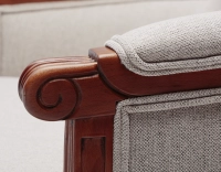 Louis XVI style moulded bergère armchair wood antique stain and natural beige fabric Louis XVI style moulded bergère armchair wood antique stain and natural beige fabric