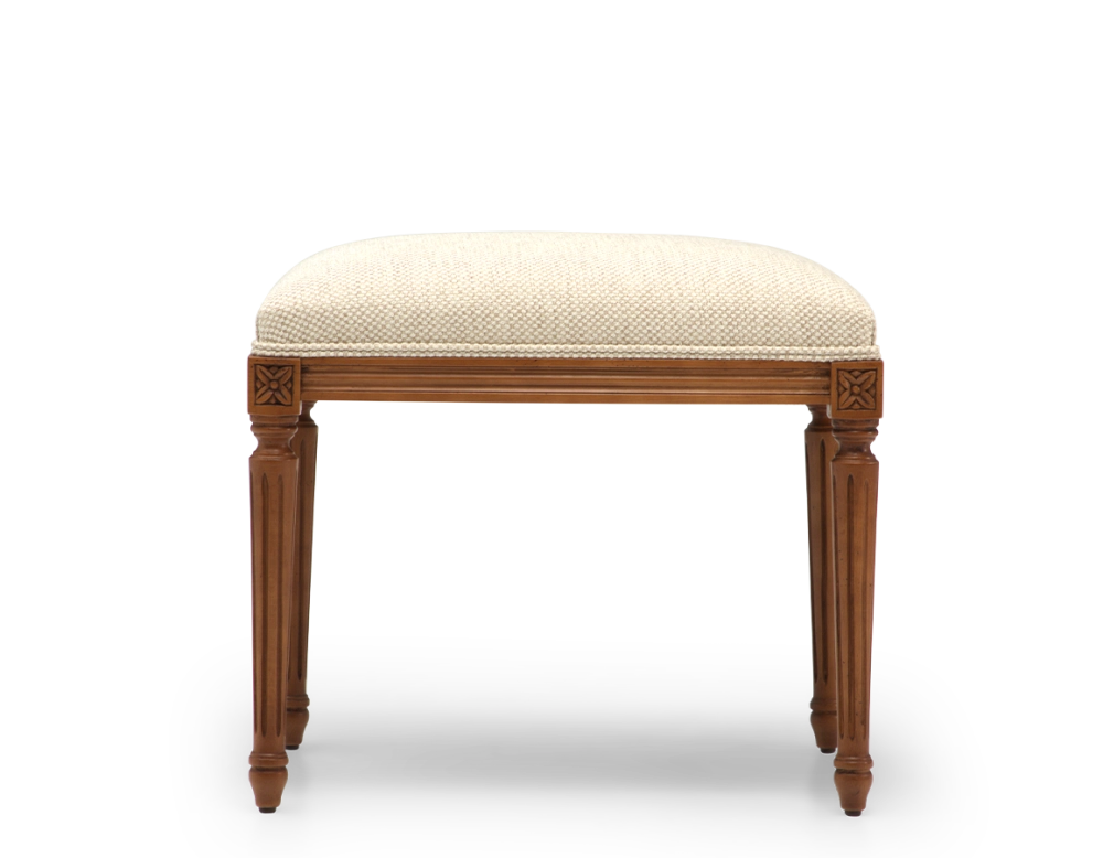 Tabouret ancien style Louis XVI bois teinte ancienne et tissu chiné beige Tabouret ancien style Louis XVI bois teinte ancienne et tissu chiné beige