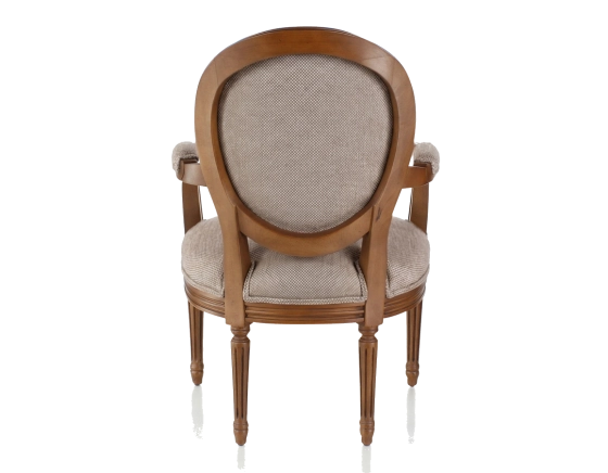 Sillón antiguo estilo Luis XVI bois teinte ancienne et tissu chiné beige, gris et orange