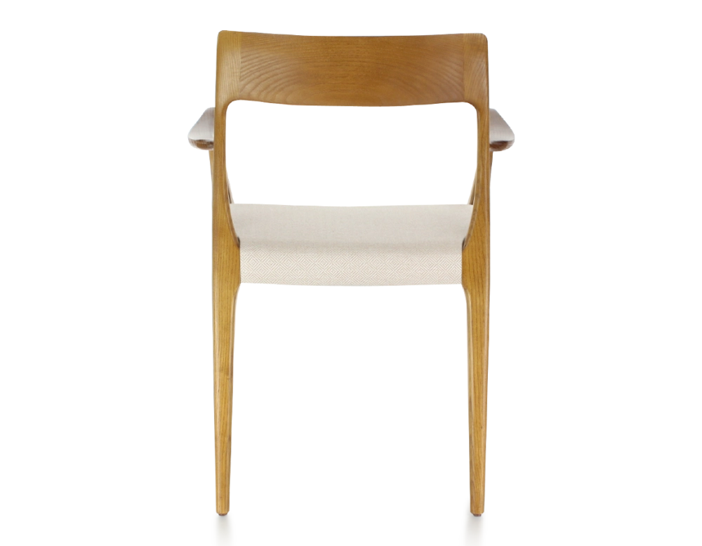 Scandinavian armchair with armrests cherry-stained wood, beige chevron fabric seat Scandinavian armchair with armrests cherry-stained wood, beige chevron fabric seat