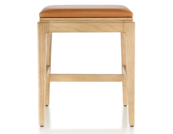 H45 cm design stool natural tint wood, caramel leather seat