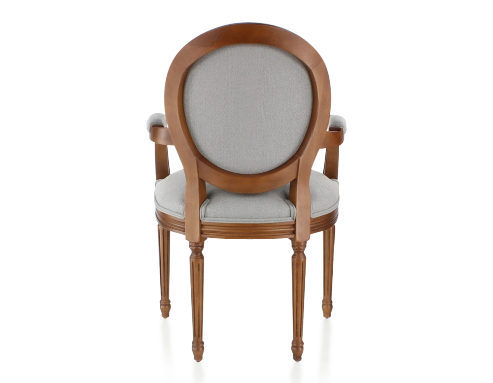 Chaise ancienne style Louis XVI avec accoudoirs bois teinte ancienne et tissu gris clair Chaise ancienne style Louis XVI avec accoudoirs bois teinte ancienne et tissu gris clair