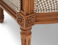 Louis XVI style bergère armchair wood antique stain and white and taupe houndstooth fabric Louis XVI style bergère armchair wood antique stain and white and taupe houndstooth fabric