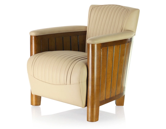 Club armchair in wood and leather beige