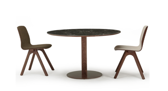 Table salle à manger ronde en noyer et céramique 4 à 6 personnes avec bois teinte naturelle et plateau céramique effet marbre noir m2 110x110