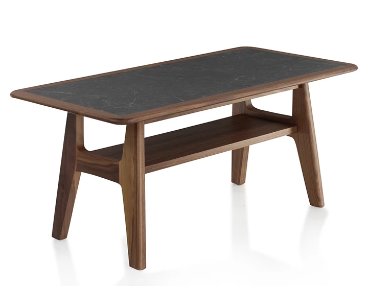 Table basse rectangulaire en noyer et céramique bois teinte naturelle plateau céramique effet ardoise 100x50 cm