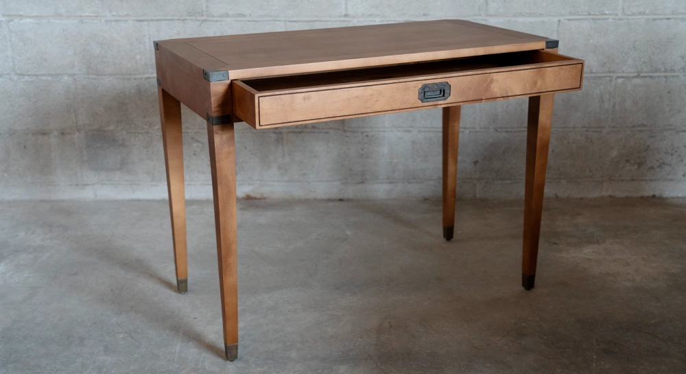 Navy desk in wood and leather bois teinte merisier plateau bois