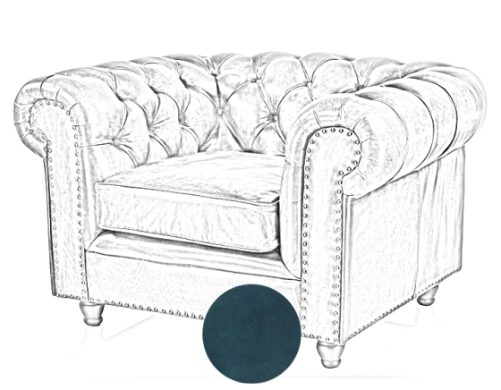 Fauteuil Chesterfield cuir bleu accoudoirs cloutés
