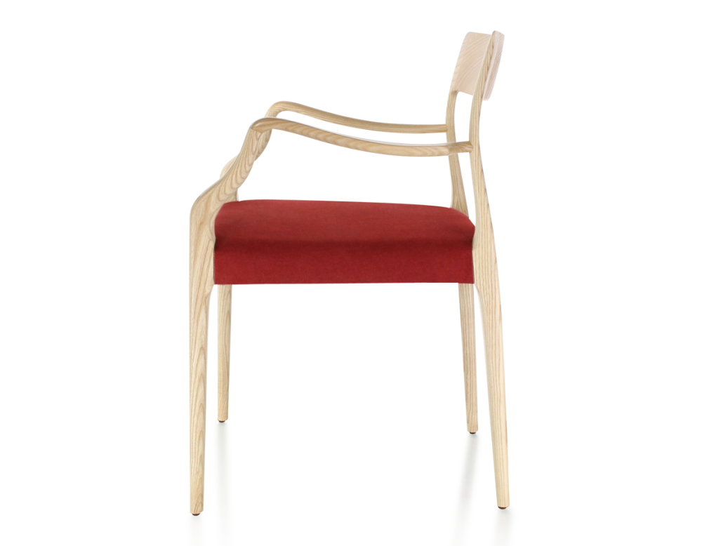 Scandinavian armchair with armrests natural wood stain burgundy fabric seat Scandinavian armchair with armrests natural wood stain burgundy fabric seat