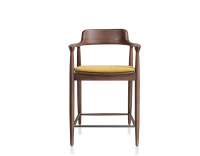 Tabouret de bar h60 cm bois teinte noyer assise tissu jaune Tabouret de bar h60 cm bois teinte noyer assise tissu jaune
