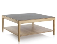 Table basse carrée en chêne et céramique avec tablette en bois teinte naturelle plateau céramique brun oxydé 100x100 cm Table basse carrée en chêne et céramique avec tablette en bois teinte naturelle plateau céramique brun oxydé 100x100 cm