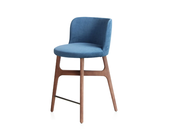 Tabouret de bar h60 cm bois teinte noyer assise tissu bleu jean