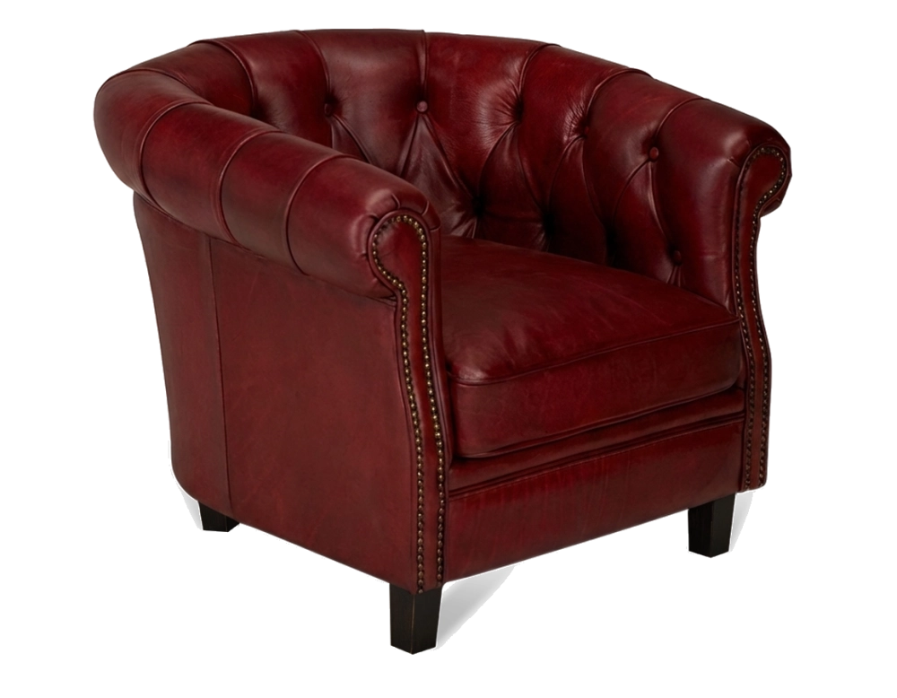 Sillón Chesterfield de piel rojo carmín reposabrazos con tachuelas