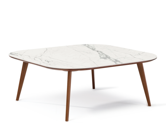 Table basse carré aux angles arrondis F2 en noyer et céramique bois teinte naturelle plateau céramique effet marbre blanc 90x90x30 cm