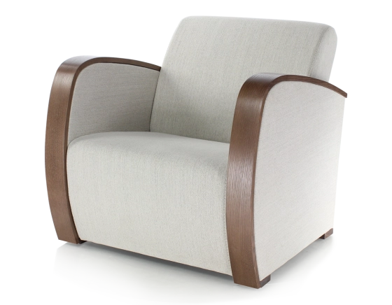 Fauteuil design bois teinte marron foncé et tissu beige naturel